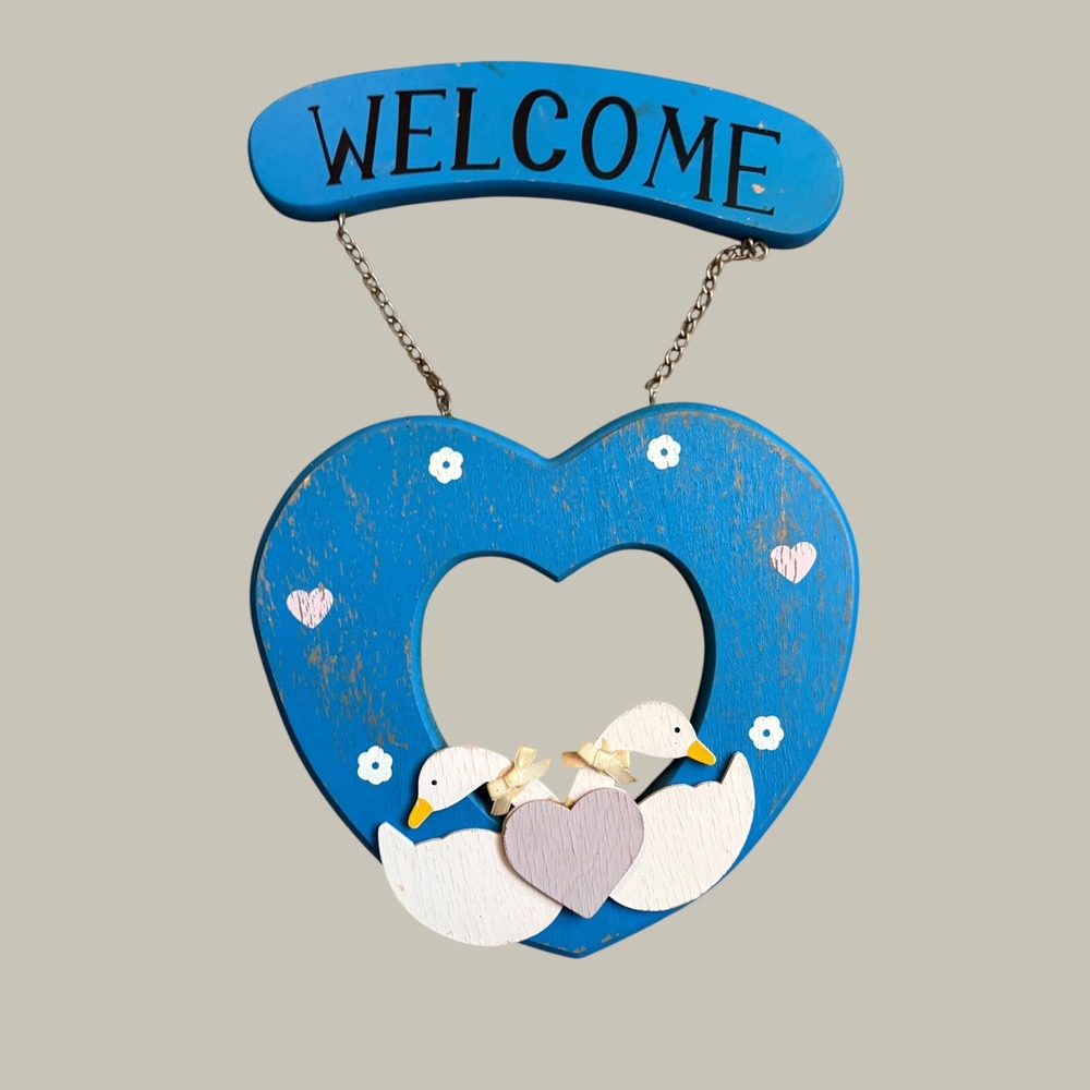 Vintage Wooden Welcome goose Sign Blue Heart Geese Country Cottage Wall Decor